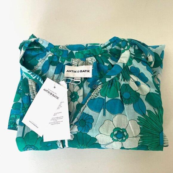 Antik Batik Cotton Voile Floral Blouse Womens Medium Blue Flutter Sleeve Tunic - Picture 5 of 11